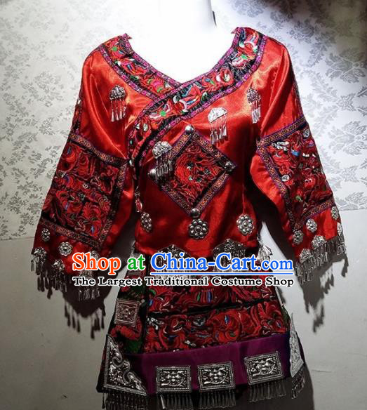 Chinese Traditional Hmong Ethnic Folk Dance Costume China Miao Nationality Embroidered Red Dress for Women