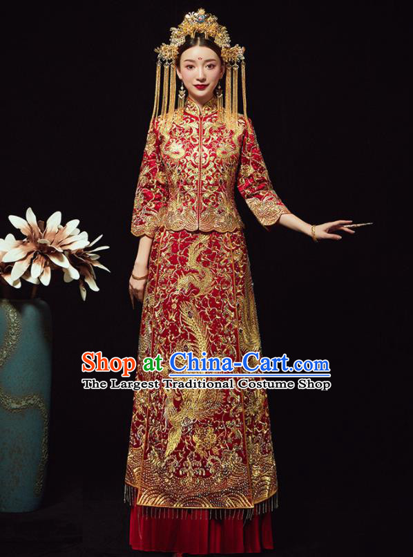 Chinese Traditional Bride Diamante Phoenix Xiuhe Suit Ancient Wedding Embroidered Red Dress for Women