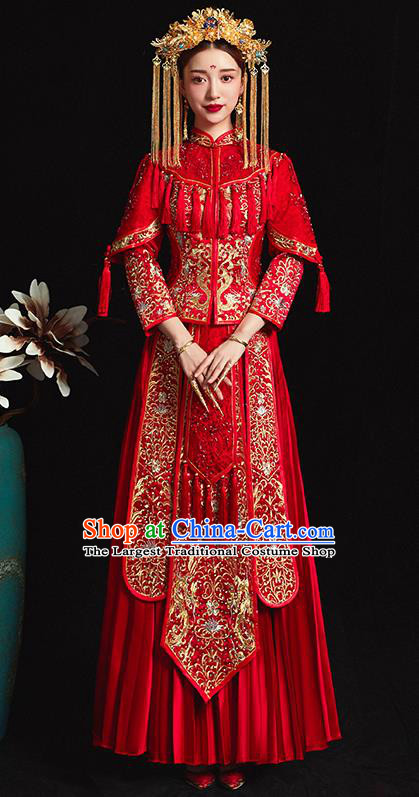 Chinese Traditional Bride Costume Embroidered Xiuhe Suit Ancient Wedding Red Dress for Women