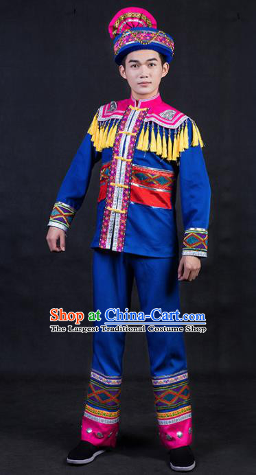 Chinese Traditional Zhuang Nationality Royalblue Clothing Ethnic Festival Folk Dance Costume for Men