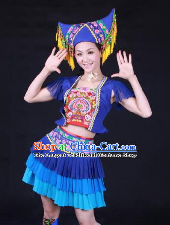 Chinese Traditional Zhuang Nationality Embroidered Blue Pleated Skirt Ethnic Folk Dance Costume for Women