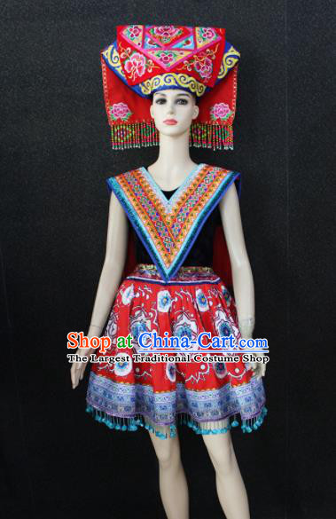 Chinese Traditional Zhuang Nationality Embroidered Red Dress Ethnic Folk Dance Costume for Women