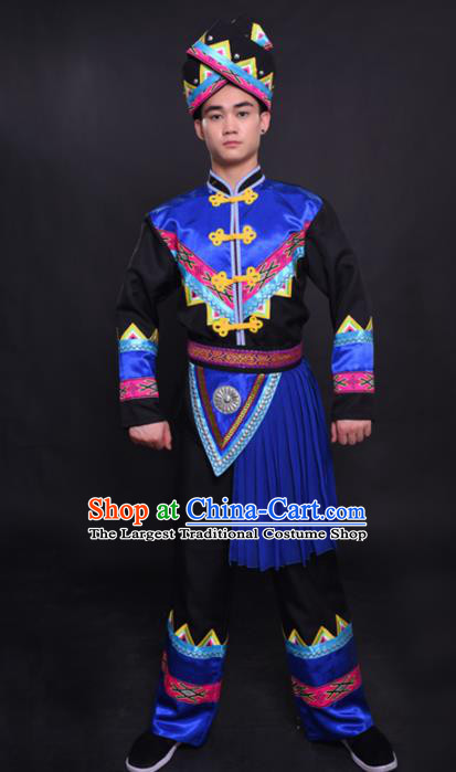 Chinese Traditional Ethnic Blue Tassel Costume Zhuang Nationality Festival Folk Dance Clothing for Men