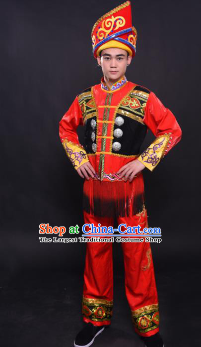 Chinese Traditional Ethnic Bridegroom Red Costume Zhuang Nationality Festival Folk Dance Clothing for Men