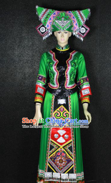 Chinese Traditional Zhuang Nationality Green Dress Ethnic Bride Folk Dance Costume for Women