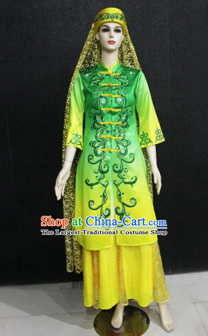 Chinese Traditional Hui Nationality Green Dress Ethnic Folk Dance Costume for Women