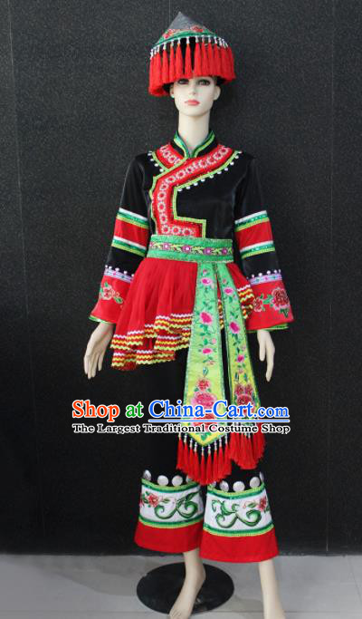 Chinese Traditional Maonan Nationality Black Clothing Ethnic Folk Dance Costume for Women