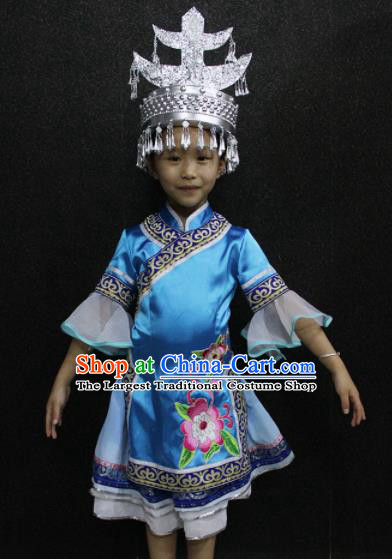 Chinese Traditional Folk Dance Costume Shui Nationality Ethnic Blue Dress for Kids