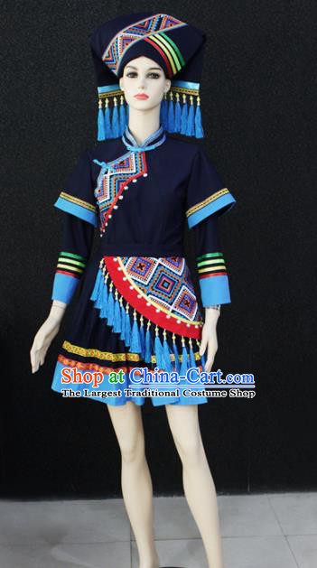 Chinese Traditional Zhuang Nationality Female Navy Dress Ethnic Folk Dance Costume for Women