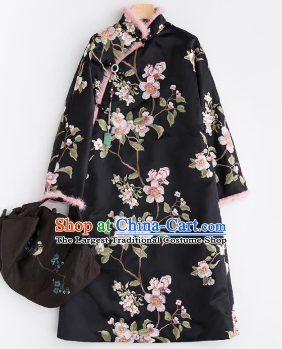 Chinese Traditional National Winter Costume Tang Suit Black Cheongsam Cotton Padded Qipao Dress for Women