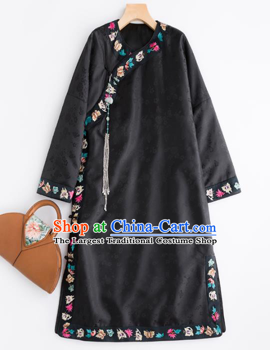 Chinese Traditional National Winter Costume Tang Suit Cheongsam Black Silk Qipao Dress for Women