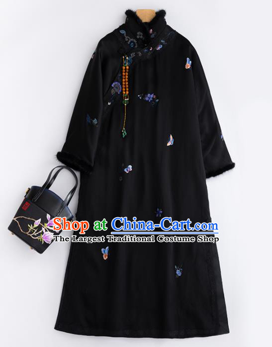 Chinese Traditional Costume National Tang Suit Black Cotton Padded Coat Outer Garment for Women