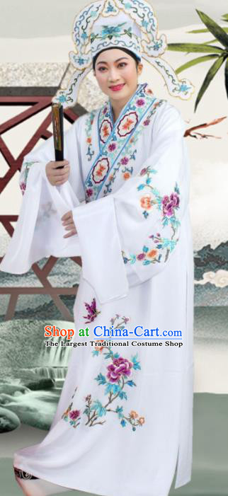 Chinese Ancient Nobility Childe White Embroidered Robe Traditional Peking Opera Niche Costume for Men