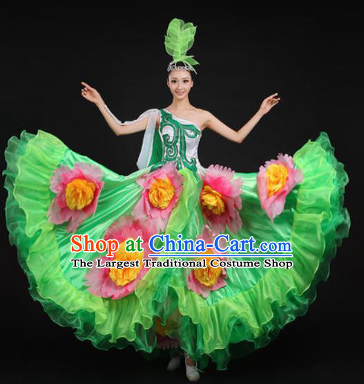 Chinese Traditional Opening Peony Dance Green Dress Spring Festival Gala Stage Performance Costume for Women