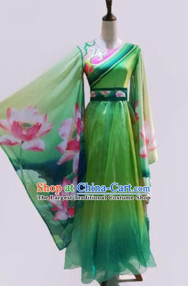 Chinese Traditional Classical Dance Costume Umbrella Dance Stage Performance Printing Lotus Green Dress for Women