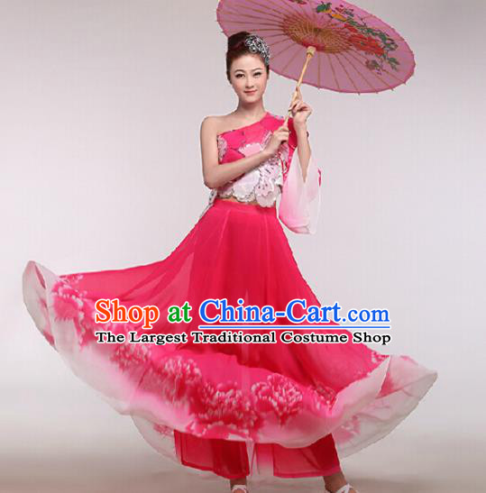 Chinese Traditional Classical Dance Costume Umbrella Dance Stage Performance Rosy Dress for Women