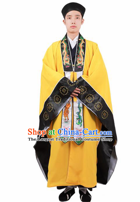 Chinese Traditional Taoism Costume National Taoist Priest Embroidered Dragons Bagua Yellow Cassock for Men