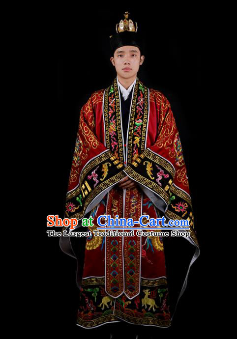 Chinese Traditional Taoism Costume National Taoist Priest Embroidered Cranes Dragons Wine Red Cassock for Men