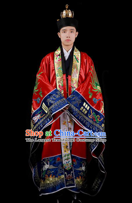 Chinese National Taoist Priest Embroidered Dragons Red Cassock Traditional Taoism Costume for Men