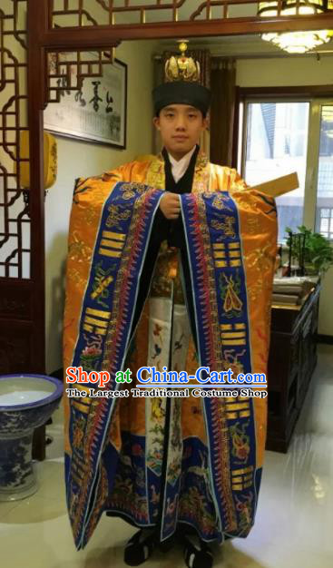 Chinese National Taoism Golden Priest Frock Embroidered Cassock Traditional Taoist Priest Rites Costume for Men