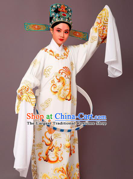 Chinese Traditional Peking Opera Number One Scholar White Embroidered Robe Beijing Opera Niche Costume for Men