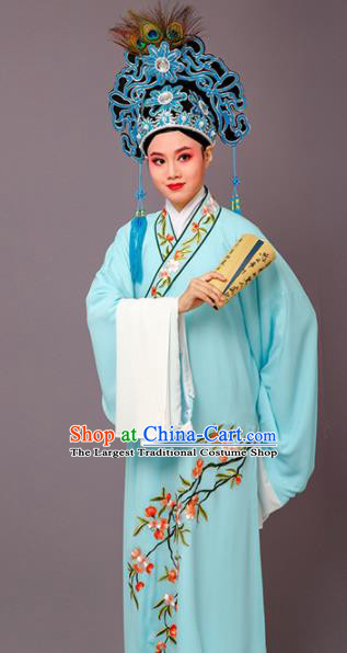 Chinese Traditional Peking Opera Niche Embroidered Cherrim Blue Robe Beijing Opera Scholar Costume for Men