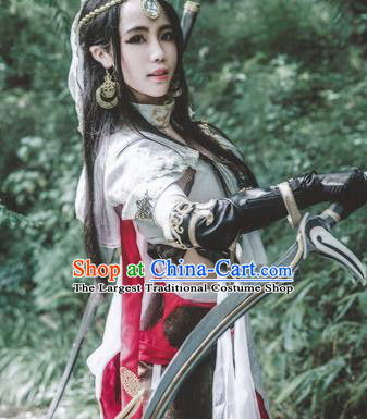 Chinese Traditional Cosplay Female Knight Embroidered White Dress Ancient Swordswoman Costume for Women