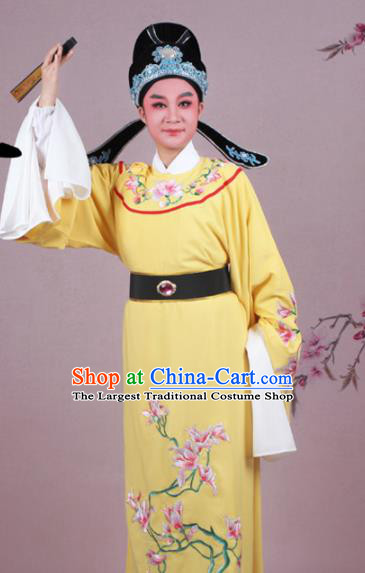 Chinese Traditional Peking Opera Nobility Childe Yellow Robe Beijing Opera Niche Embroidered Mangnolia Costume for Men