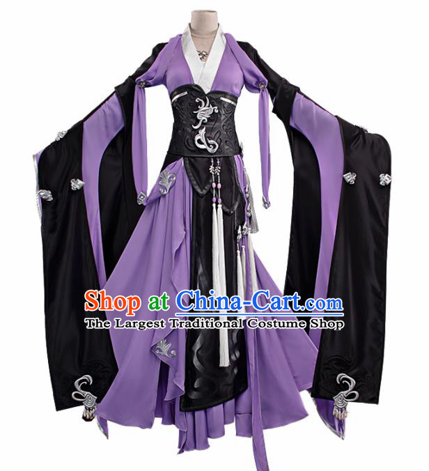 Chinese Traditional Cosplay Peri Princess Costume Ancient Swordswoman Purple Hanfu Dress for Women