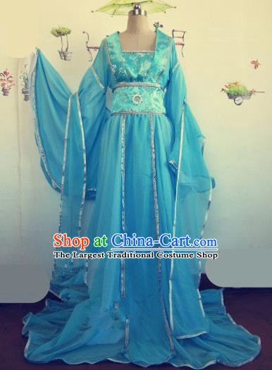 Chinese Traditional Cosplay Apsaras Costume Ancient Tang Dynasty Imperial Consort Blue Hanfu Dress for Women