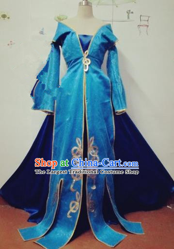 Chinese Traditional Cosplay Apsaras Costume Ancient Tang Dynasty Princess Blue Hanfu Dress for Women