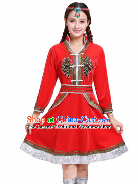 Chinese Traditional Mongolian Ethnic Red Short Dress Mongol Nationality Costumes for Women