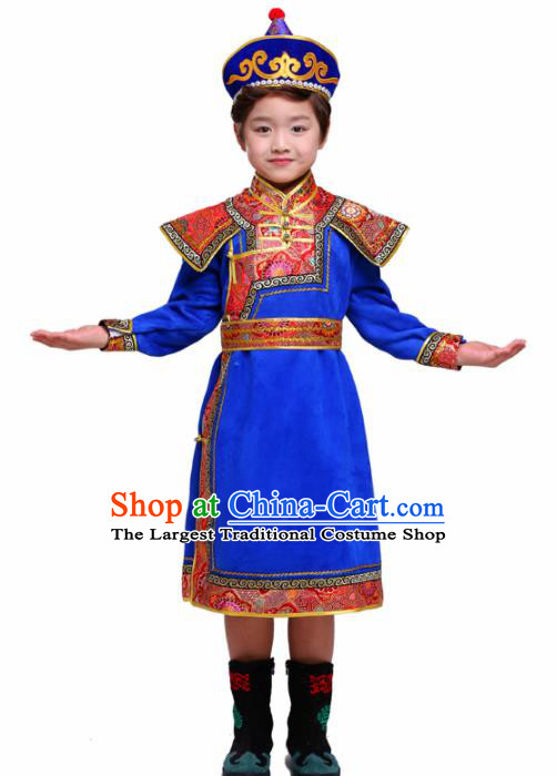 Chinese Traditional Mongol Ethnic Costume Nationality Royalblue Brocade Mongolian Robe for Kids