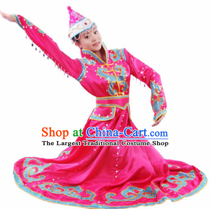 Chinese Traditional Mongolian Folk Dance Rosy Dress Mongol Nationality Ethnic Costume for Women