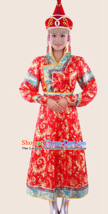 Chinese Traditional Mongolian Folk Dance Red Dress Mongol Nationality Ethnic Costume for Women