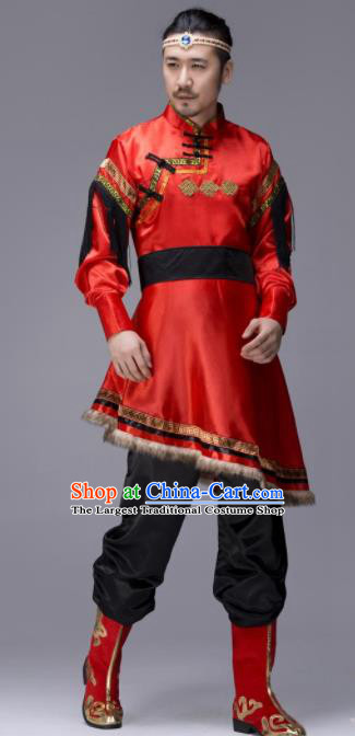 Chinese Traditional Tibetan Ethnic Folk Dance Red Costume Zang Nationality Dance Clothing for Men