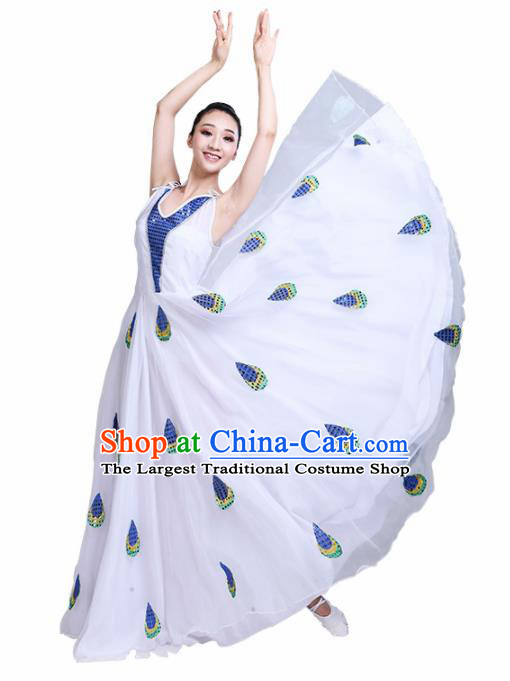 Chinese Traditional Ethnic Folk Dance Costume Dai Nationality Peacock Dance White Dress for Women