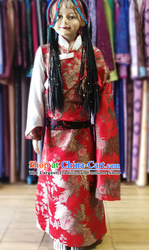 Chinese Traditional Tibetan Kham Red Dress Zang Nationality Heishui Dance Ethnic Costume for Kids