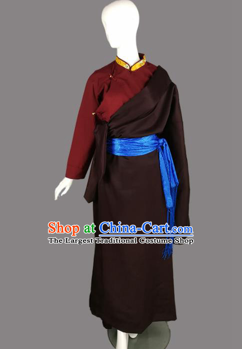 Chinese Traditional Tibetan Ethnic Brown Robe Zang Nationality Heishui Dance Costume for Women