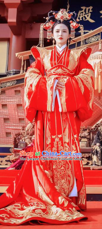 Traditional Chinese Tang Dynasty Crown Princess Wedding Hanfu Dress Ancient Queen Embroidered Costume and Headpiece Complete Set