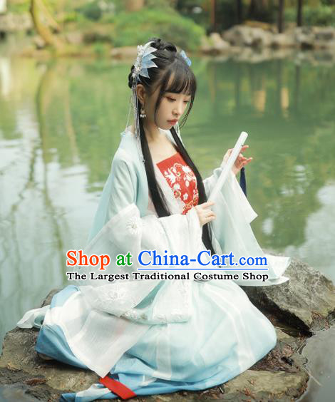 Chinese Traditional Peri Blue Hanfu Dress Ancient Tang Dynasty Princess Embroidered Costume for Women