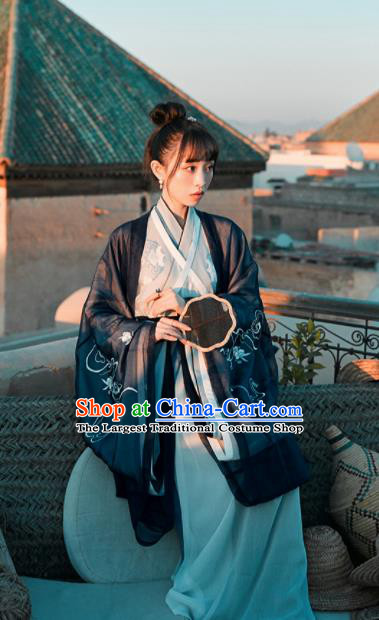 Chinese Traditional Navy Hanfu Dress Ancient Jin Dynasty Imperial Consort Embroidered Costume for Women