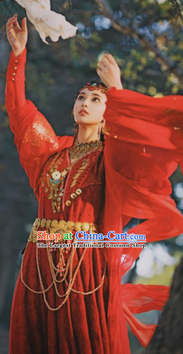 Traditional Chinese Drama Red Hanfu Dress Ancient Ethnic Princess Embroidered Replica Costume and Headpiece for Women