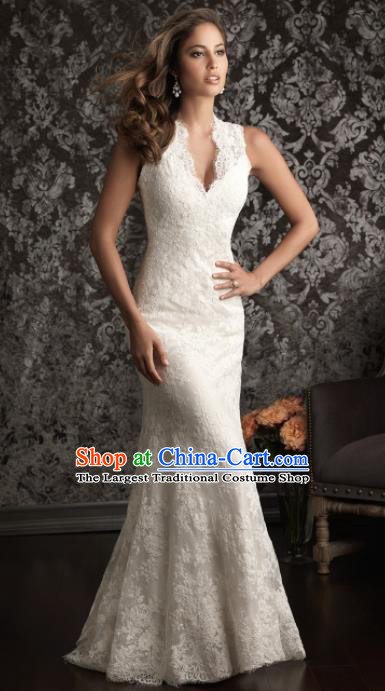 Professional Princess Embroidered White Lace Trailing Wedding Dress Modern Dance Compere Full Dress for Women