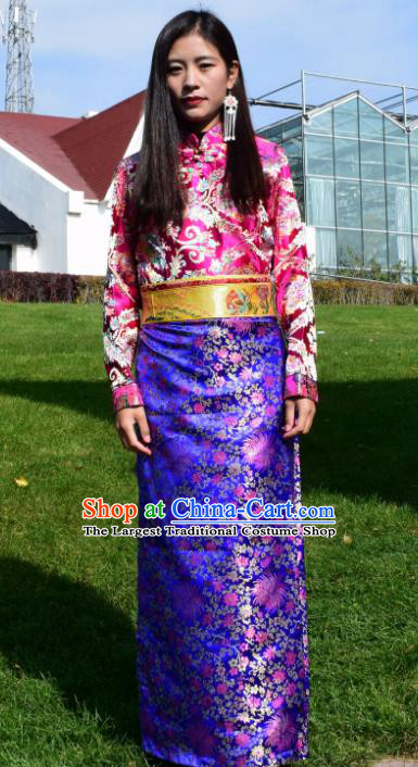 Chinese Traditional Tibetan National Ethnic Royalblue Brocade Robe Zang Nationality Costume for Women