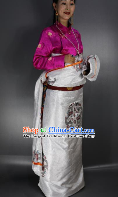 Chinese Traditional Tibetan National Ethnic Embroidered White Robe Zang Nationality Wedding Costume for Women