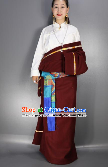 Chinese Traditional National Ethnic Wine Red Tibetan Robe Zang Nationality Folk Dance Costume for Women