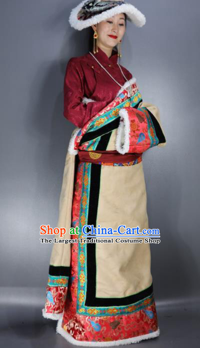 Chinese Traditional National Ethnic Wedding Tibetan Robe Zang Nationality Folk Dance Costume for Women