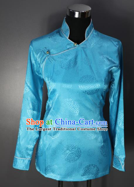 Chinese Traditional National Ethnic Tibetan Blue Blouse Zang Nationality Folk Dance Costume for Women