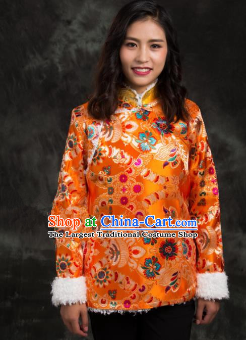 Chinese Traditional Ethnic Female Golden Brocade Tibetan Jacket Zang Nationality Heishui Dance Costume for Women